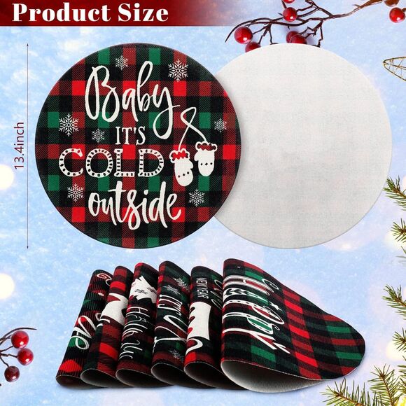 6 Pcs Round Christmas Placemats Winter Snowflake Deer Buffalo Plaid Table - Picture 3 of 6
